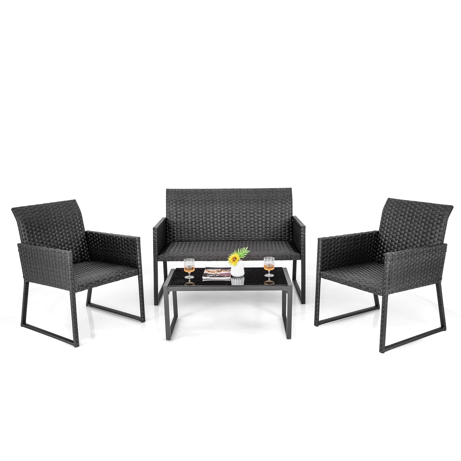 Ensemble de mobilier de patio Tangkula 4 pièces en osier avec mousse à séchage rapide